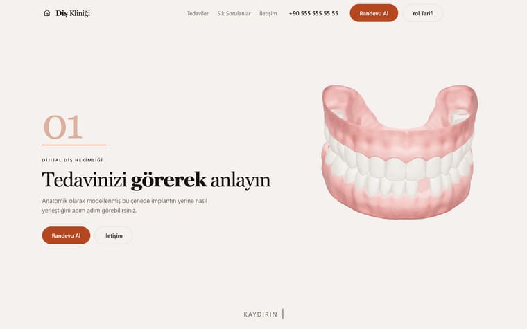 Diş kliniği sitesi: “Tedavinizi görerek anlayın” başlığının yanında anatomik olarak modellenmiş üç boyutlu alt ve üst çene.