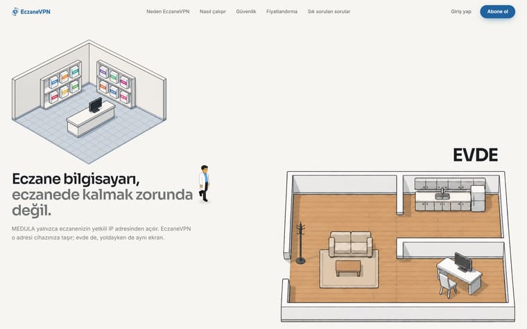 EczaneVPN ürün sitesi: solda eczane içi, sağda ev içi izometrik çizimler ve “Eczane bilgisayarı, eczanede kalmak zorunda değil” başlığı.
